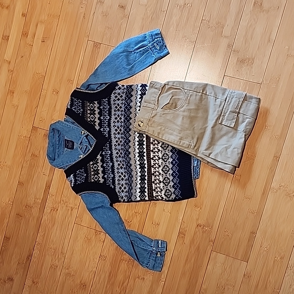 Denham shirt with blue and tan knit sweater and tan pants